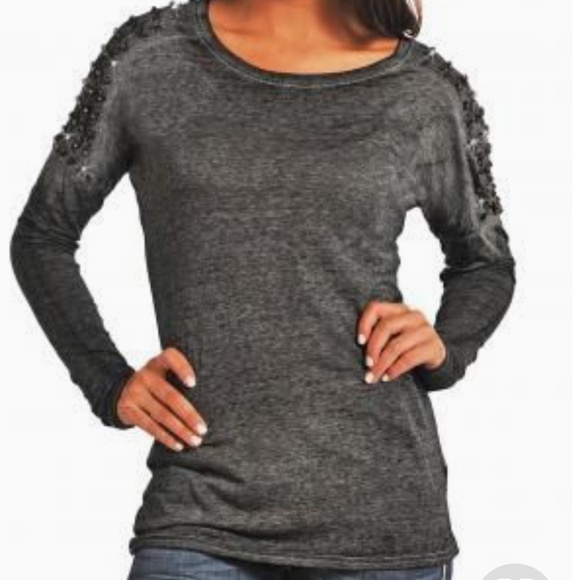 Rock & Roll Cowgirl Tops - Rock & Roll Cowgirl Studded L/S Burnout Tee, Size